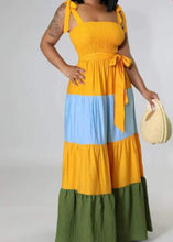 Colorblock Shirred Belted Maxi Dress
